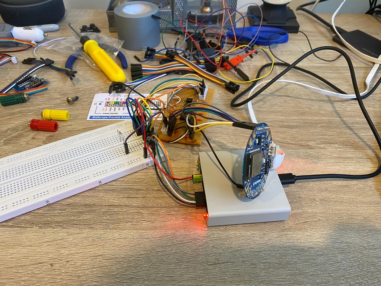 Photo of breadboard and Bitscope on my desk