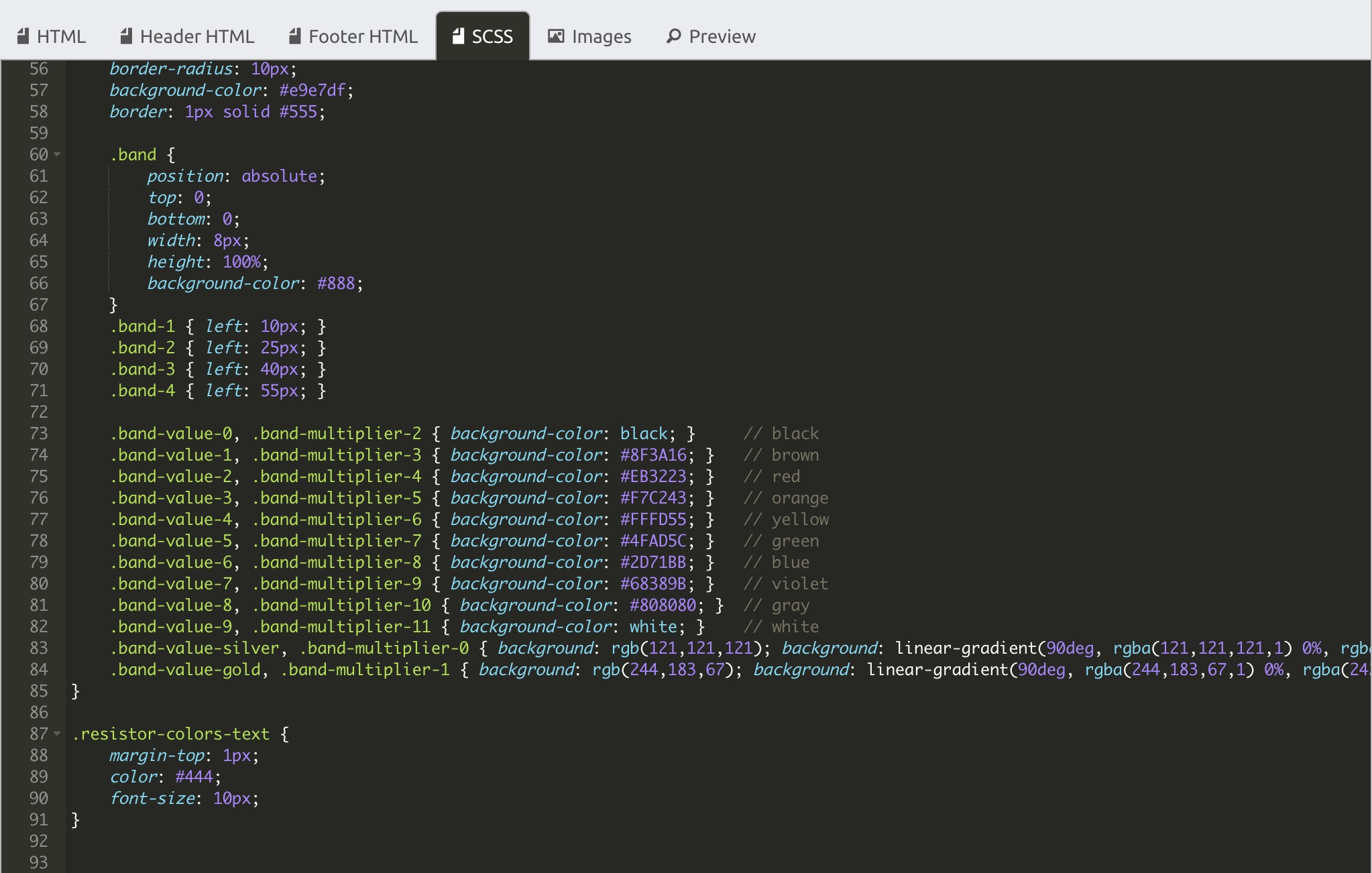 Screenshot of the DocSpring template editor showing SCSS